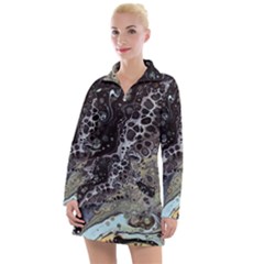 Black Marble Abstract Pattern Texture Women s Long Sleeve Casual Dress by Jancukart