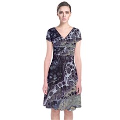 Black Marble Abstract Pattern Texture Short Sleeve Front Wrap Dress