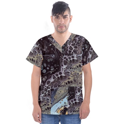 Black Marble Abstract Pattern Texture Men s V-neck Scrub Top by Jancukart