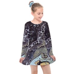 Black Marble Abstract Pattern Texture Kids  Long Sleeve Dress