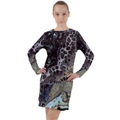 Black Marble Abstract Pattern Texture Long Sleeve Hoodie Dress