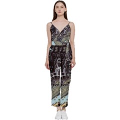 Black Marble Abstract Pattern Texture V-neck Spaghetti Strap Tie Front Jumpsuit by Jancukart