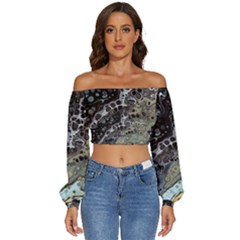 Black Marble Abstract Pattern Texture Long Sleeve Crinkled Weave Crop Top