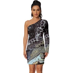 Black Marble Abstract Pattern Texture Long Sleeve One Shoulder Mini Dress