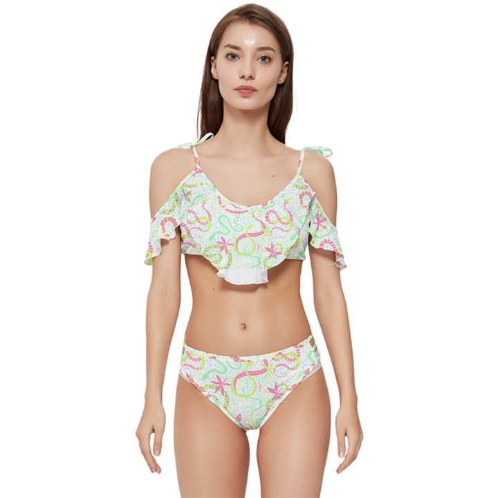 Snake T- Shirt Snakes Pattern T- Shirt Ruffle Edge Tie Up Bikini Set	