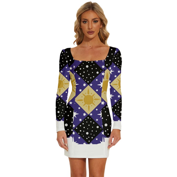 Space T- Shirt Space Pattern T- Shirt Long Sleeve Square Neck Bodycon Velour Dress