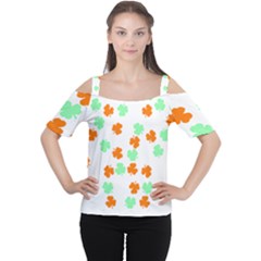 St Patricks Day T- Shirt Green White Orange Shamrock Pattern T- Shirt Cutout Shoulder Tee