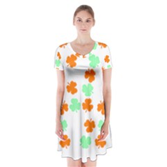 St Patricks Day T- Shirt Green White Orange Shamrock Pattern T- Shirt Short Sleeve V-neck Flare Dress