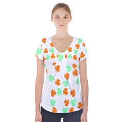 St Patricks Day T- Shirt Green White Orange Shamrock Pattern T- Shirt Short Sleeve Front Detail Top