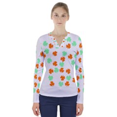 St Patricks Day T- Shirt Green White Orange Shamrock Pattern T- Shirt V-neck Long Sleeve Top by maxcute