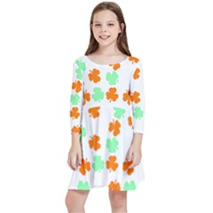 St Patricks Day T- Shirt Green White Orange Shamrock Pattern T- Shirt Kids  Quarter Sleeve Skater Dress by maxcute