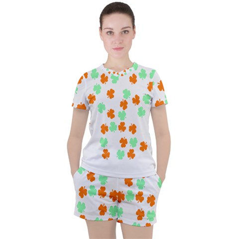 St Patricks Day T- Shirt Green White Orange Shamrock Pattern T- Shirt Women s Tee And Shorts Set by maxcute