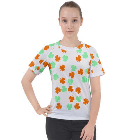 St Patricks Day T- Shirt Green White Orange Shamrock Pattern T- Shirt Women s Sport Raglan Tee by maxcute