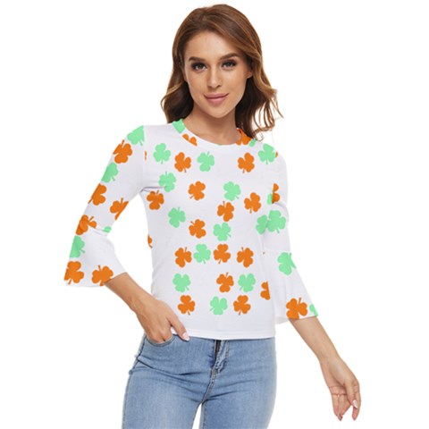 St Patricks Day T- Shirt Green White Orange Shamrock Pattern T- Shirt Bell Sleeve Top by maxcute