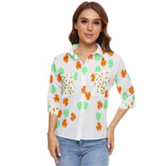 St Patricks Day T- Shirt Green White Orange Shamrock Pattern T- Shirt Women s Quarter Sleeve Pocket Shirt