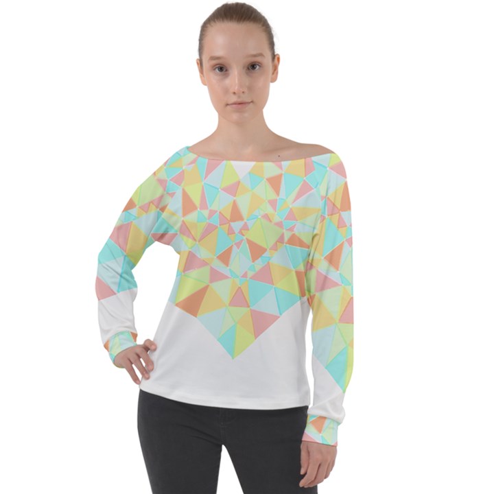 Stained Glass T- Shirt Polygon Geometric Heart Retro T- Shirt Off Shoulder Long Sleeve Velour Top