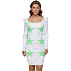 Stars T- Shirt Star Pattern - Green T- Shirt Women Long Sleeve Ruched Stretch Jersey Dress by maxcute