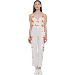 Stars T- Shirt Star Pattern - Orange T- Shirt V-neck Spaghetti Strap Tie Front Jumpsuit