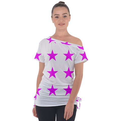 Stars T- Shirt Star Pattern - Pink T- Shirt Off Shoulder Tie-up Tee by maxcute