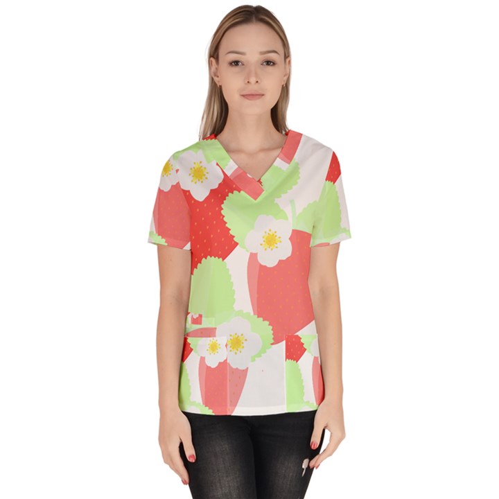 Strawberry T- Shirt Strawberries And Blossoms T- Shirt Women s V-Neck Scrub Top