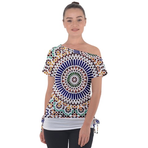 Tiles T- Shirttile Pattern, Moroccan Zellige Tilework T- Shirt Off Shoulder Tie-up Tee by maxcute