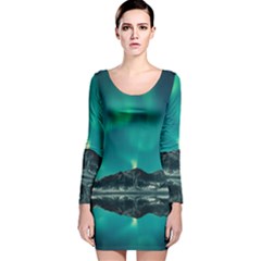 Blue And Green Sky And Mountain Long Sleeve Velvet Bodycon Dress