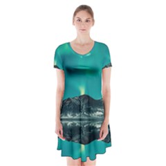 Blue And Green Sky And Mountain Short Sleeve V-neck Flare Dress