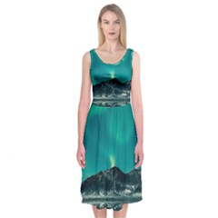 Blue And Green Sky And Mountain Midi Sleeveless Dress