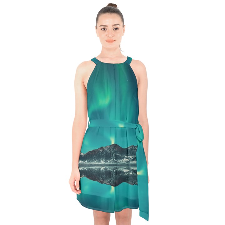 Blue And Green Sky And Mountain Halter Collar Waist Tie Chiffon Dress