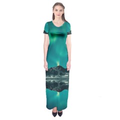 Blue And Green Sky And Mountain Short Sleeve Maxi Dress