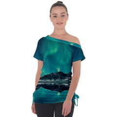 Blue And Green Sky And Mountain Off Shoulder Tie-up Tee