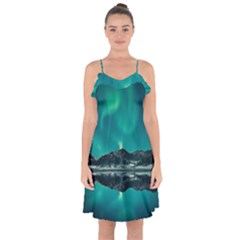 Blue And Green Sky And Mountain Ruffle Detail Chiffon Dress