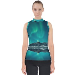 Blue And Green Sky And Mountain Mock Neck Shell Top