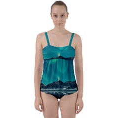 Blue And Green Sky And Mountain Twist Front Tankini Set