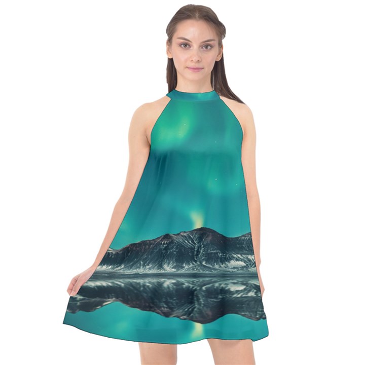 Blue And Green Sky And Mountain Halter Neckline Chiffon Dress 