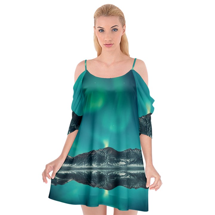 Blue And Green Sky And Mountain Cutout Spaghetti Strap Chiffon Dress