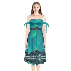 Blue And Green Sky And Mountain Shoulder Tie Bardot Midi Dress