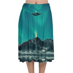 Blue And Green Sky And Mountain Velvet Flared Midi Skirt