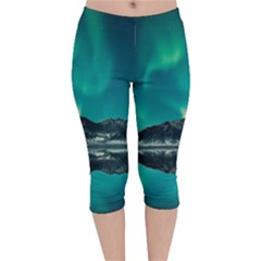 Blue And Green Sky And Mountain Velvet Capri Leggings 