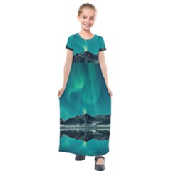 Blue And Green Sky And Mountain Kids  Short Sleeve Maxi Dress