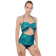 Blue And Green Sky And Mountain Scallop Top Cut Out Swimsuit