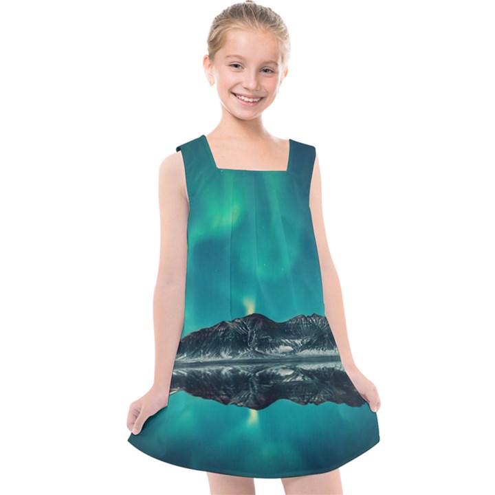 Blue And Green Sky And Mountain Kids  Cross Back Dress