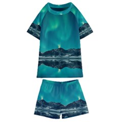 Blue And Green Sky And Mountain Kids  Swim Tee And Shorts Set