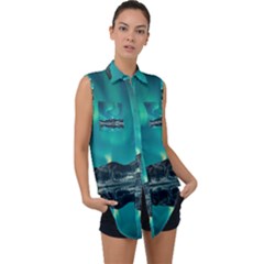 Blue And Green Sky And Mountain Sleeveless Chiffon Button Shirt