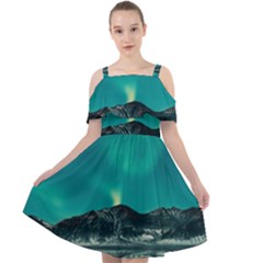 Blue And Green Sky And Mountain Cut Out Shoulders Chiffon Dress