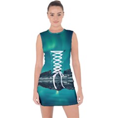 Blue And Green Sky And Mountain Lace Up Front Bodycon Dress