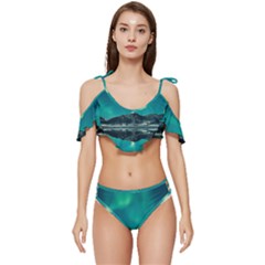 Blue And Green Sky And Mountain Ruffle Edge Tie Up Bikini Set	