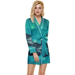 Blue And Green Sky And Mountain Long Sleeve Satin Robe