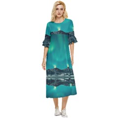 Blue And Green Sky And Mountain Double Cuff Midi Dress