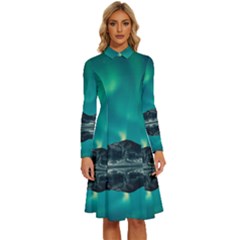 Blue And Green Sky And Mountain Long Sleeve Shirt Collar A-line Dress